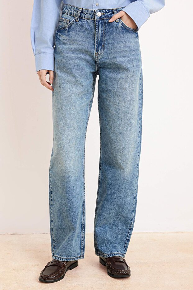 Premium Mavi Özel Kumaş Yüksek Bel 100% Pamuk Barrel Jeans TWOSS26JE00141 - 3
