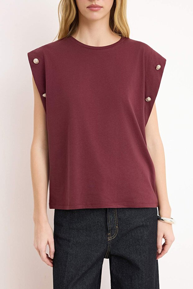 Bordo %100 Pamuk Düğme Detaylı Vatka Görünümlü Basic Bisiklet Yaka Örme T-Shirt TWOSS23TS00016 - 3