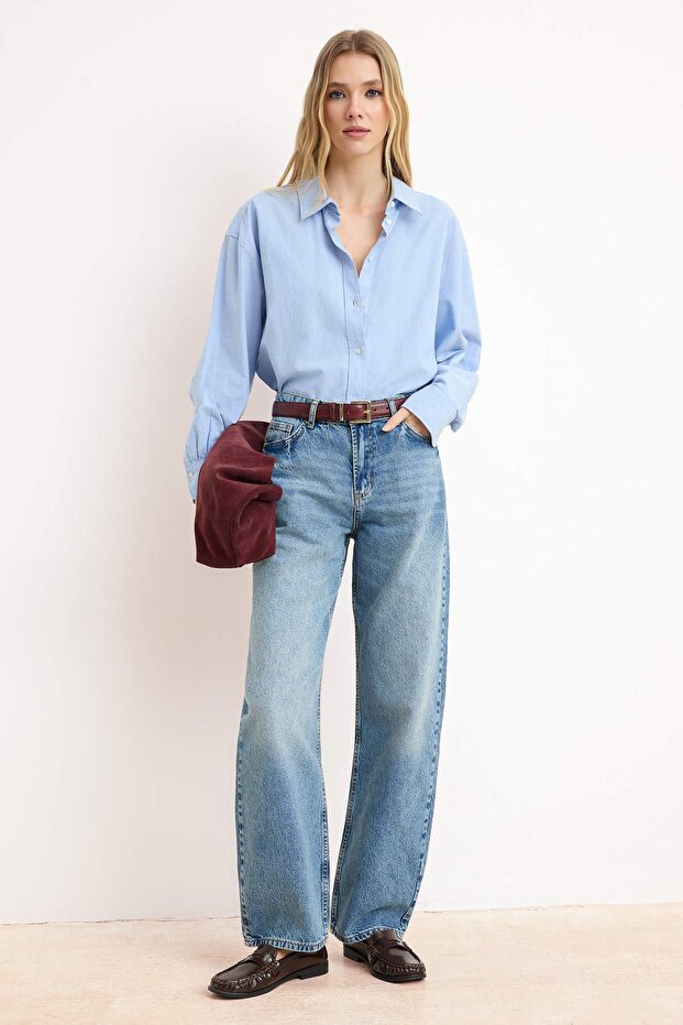 Premium Mavi Özel Kumaş Yüksek Bel 100% Pamuk Barrel Jeans TWOSS26JE00141 - 1