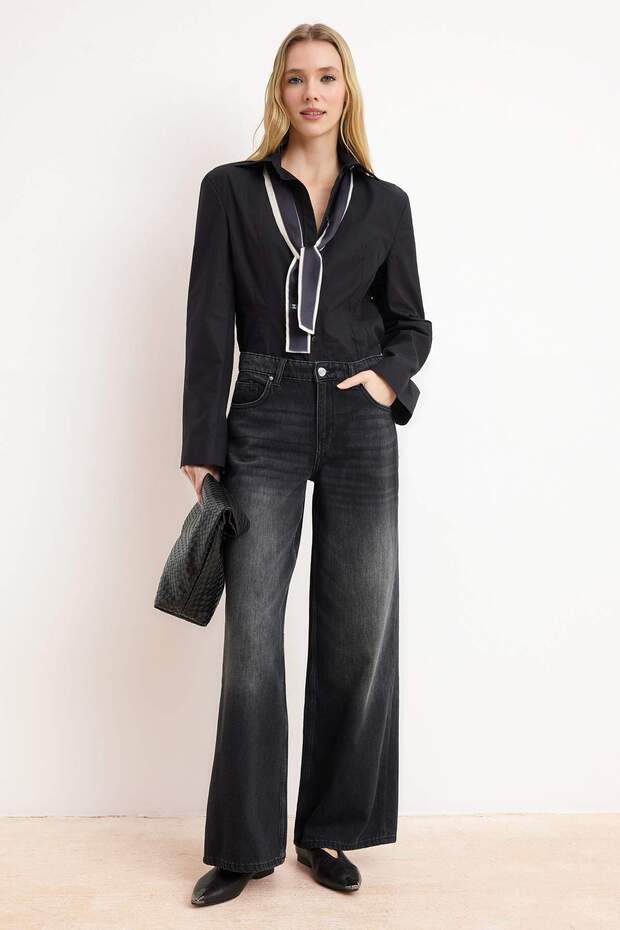 Premium Siyah More Sustainable DÖKÜMLÜ Yüksek Bel %100 Pamuk Wide Leg Jeans TWOSS26JE00136 - 7