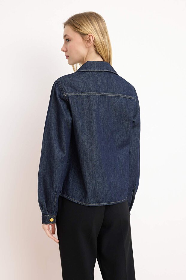 Koyu Mavi Düğme Detaylı Basic 100% Pamuk Denim Gömlek TWOSS26GO00004 - 4