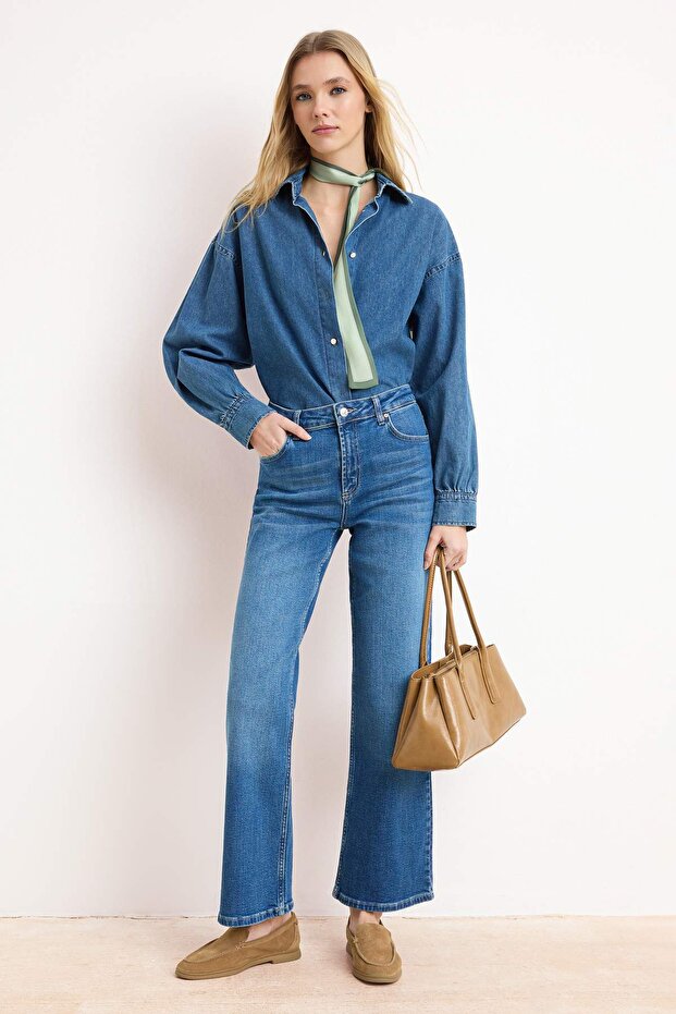 Premium Mavi Özel Kumaş Yüksek Bel Orta Esnek Straight Düz Kesim Jeans TWOSS26JE00147 - 6