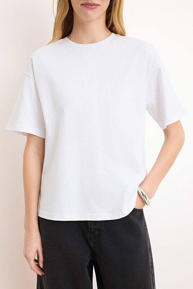 Beyaz %100 Kalın Pamuklu Fermuar Detaylı Relaxed/Rahat Kalıp Örme T-Shirt TWOSS24TS00272 - 2