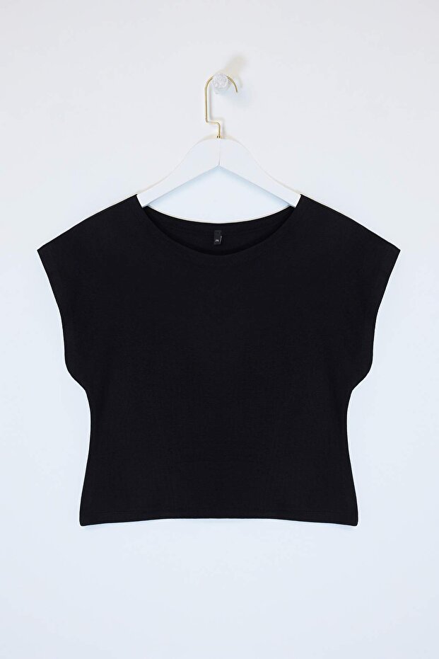 Siyah Viskon Ribana Süper Crop Basic Örme Büyük Beden Bluz TBBSS26AF00066 - 4