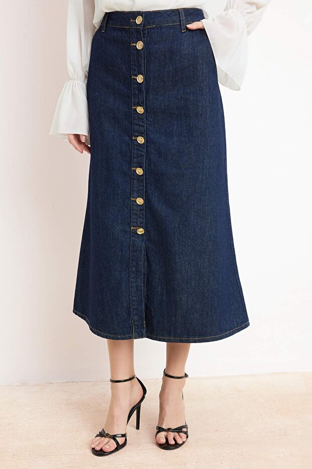 Koyu Mavi DÖKÜMLÜ Düğme Detaylı Midi %100 Pamuk Denim Etek TWOSS26ET00004 - 3