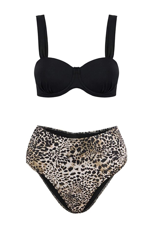Leopar Desenli Balconette Kaplı Bağlama Detaylı Yüksek Bel Regular Bikini Takımı TBESS26BT00035 - 3
