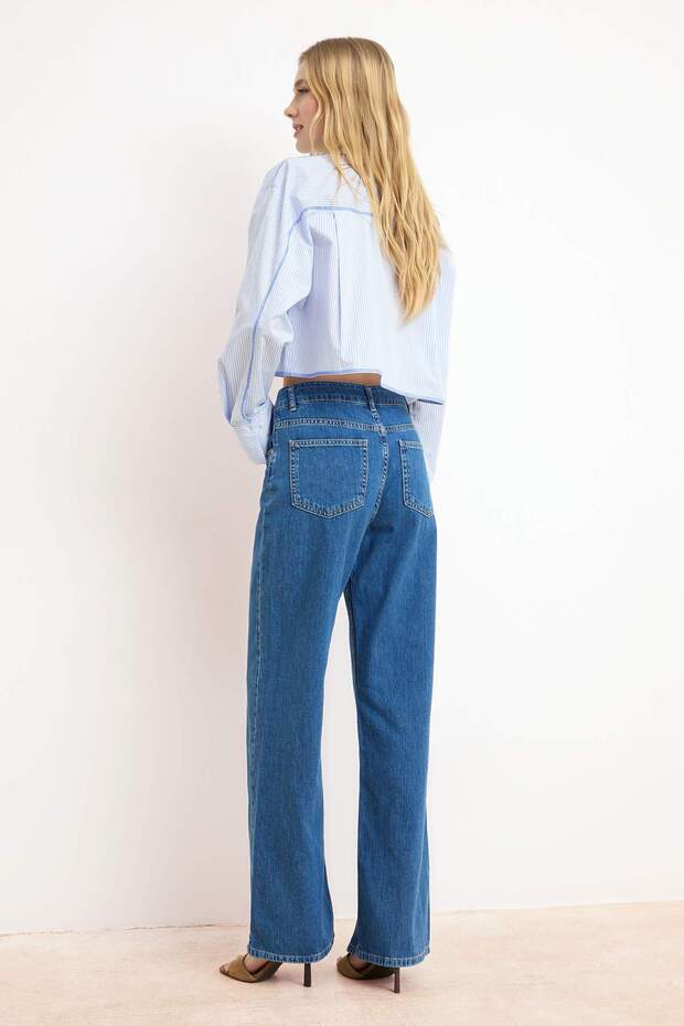Mavi DÖKÜMLÜ Yüksek Bel MEVSİMLİK %100 Pamuk Uzun Boy Wide Leg Jeans TWOSS26JE00127 - 4