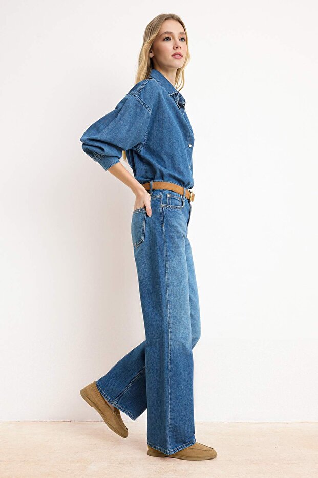 Mavi DÖKÜMLÜ Yüksek Bel %100 Pamuk Wide Leg Jeans TWOSS26JE00114 - 3