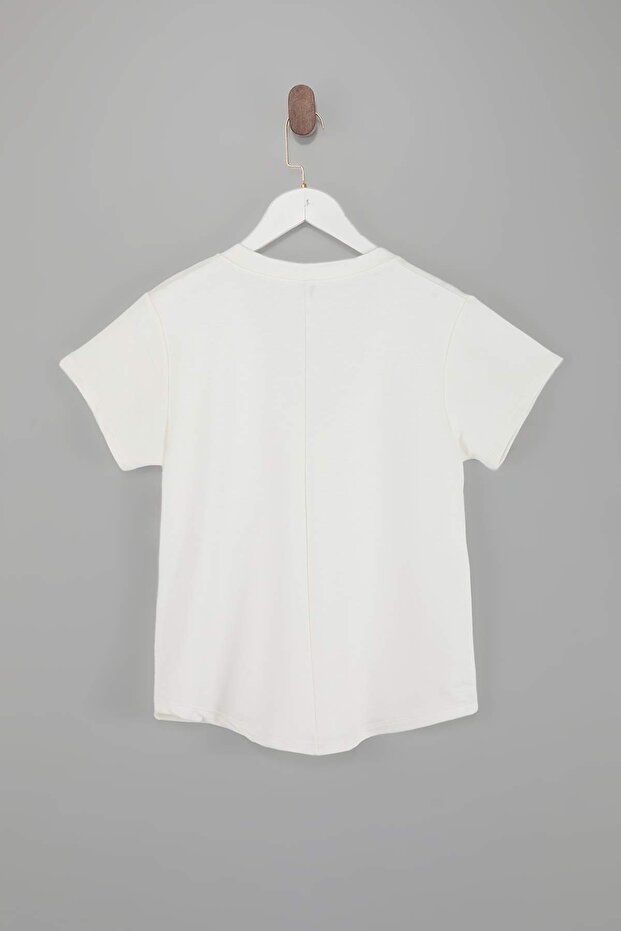 Ekru V Yaka Regular/Normal Kalıp Örme T-Shirt TWOSS25TS00196 - 6