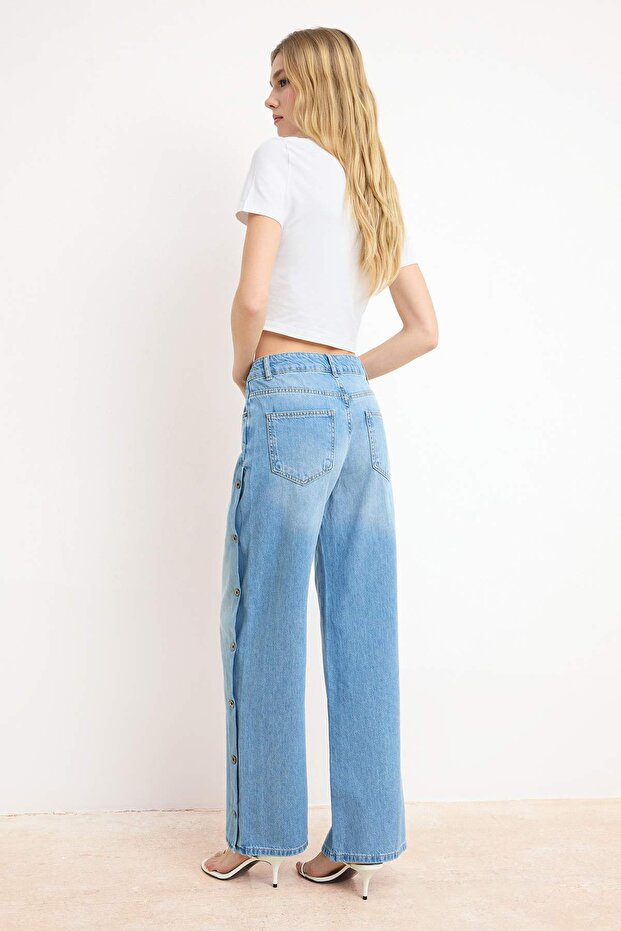 Mavi DÖKÜMLÜ Düğme Detaylı %100 Pamuk Yüksek Bel Wide Leg Jeans TWOSS26JE00081 - 4