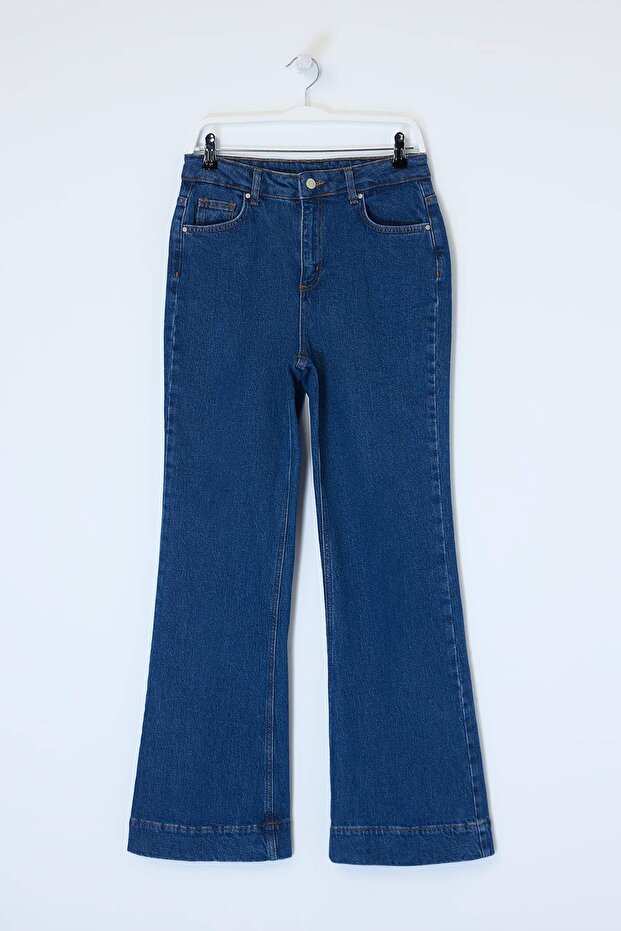 Koyu Mavi Yüksek Bel Ütü İzli Az Esnek Wide Leg Jeans TWOSS26JE00191 - 5