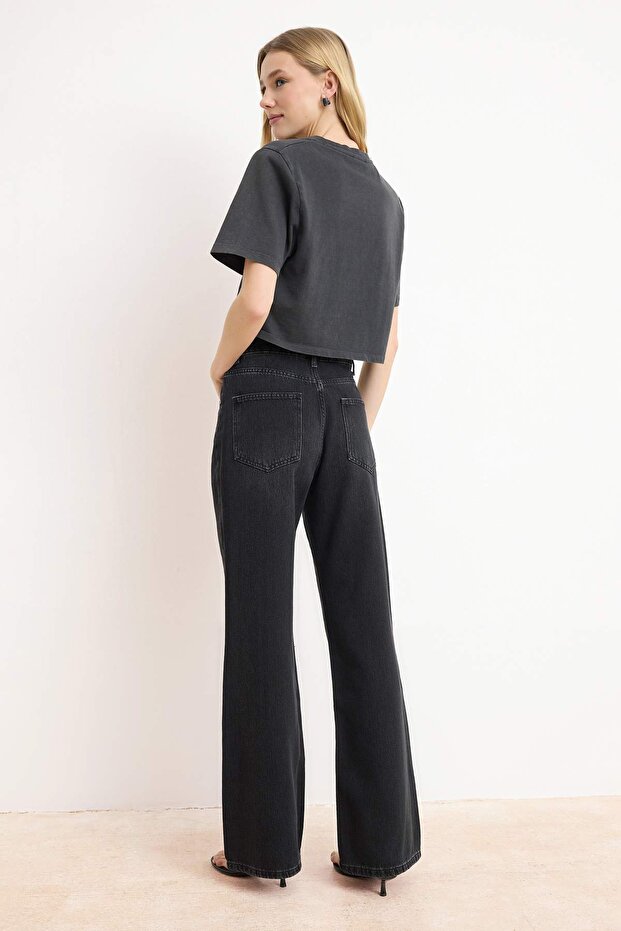 Siyah More Sustainable YUMUŞACIK Tencel Karışımlı Yüksek Bel Wide Leg Jeans TWOSS26JE00137 - 4