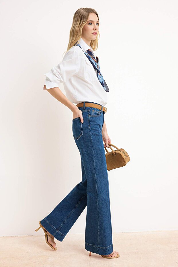 Koyu Mavi Yüksek Bel Ütü İzli Az Esnek Wide Leg Jeans TWOSS26JE00191 - 2