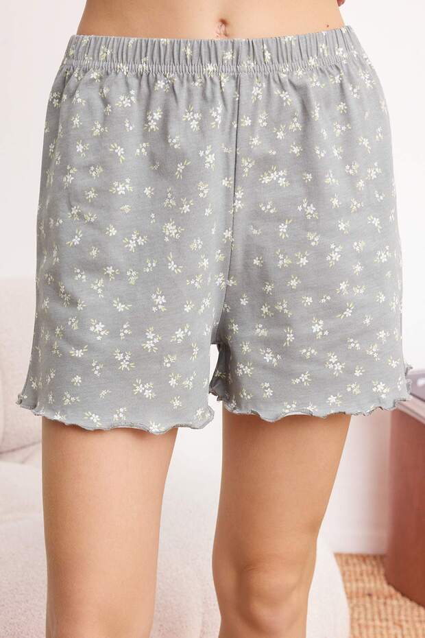 Gri %100 Pamuklu Çiçekli Dantel Detaylı Örme Pijama Takımı THMSS26PT00124 - 3