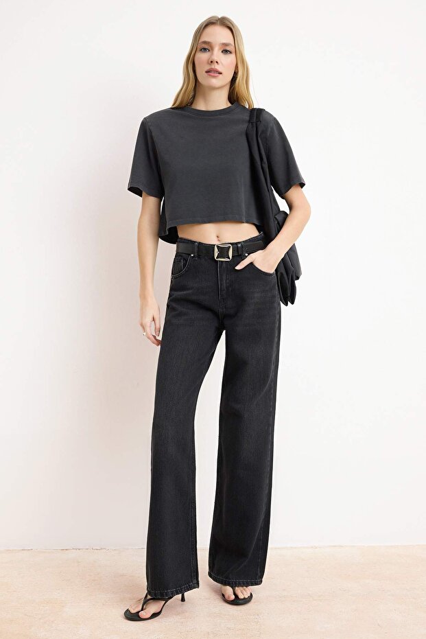 Siyah More Sustainable YUMUŞACIK Tencel Karışımlı Yüksek Bel Wide Leg Jeans TWOSS26JE00137 - 2