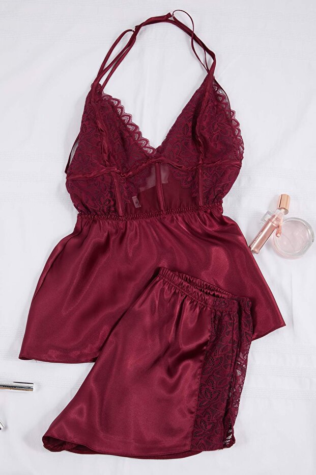 Bordo Dantel ve Sırt Detaylı İp Askılı Saten Şortlu Dokuma Pijama Takımı THMSS25PT00287 - 3