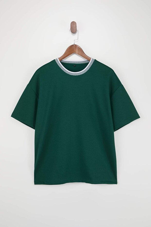 Haki Oversize/Geniş Kesim Triko Bantlı Dokulu Pike T-Shirt TMNSS23TS00079 - 4