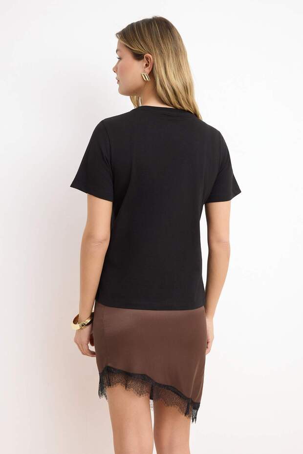Siyah %100 Pamuk Basic Bisiklet Yaka Örme T-Shirt TWOSS23TS00000 - 4