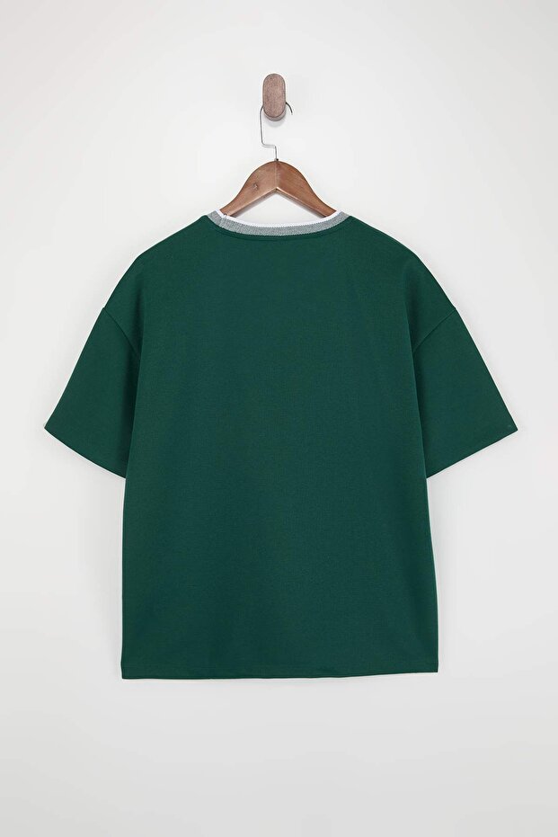 Haki Oversize/Geniş Kesim Triko Bantlı Dokulu Pike T-Shirt TMNSS23TS00079 - 6
