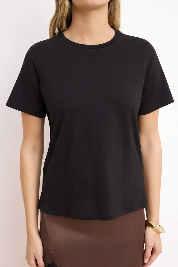 Siyah %100 Pamuk Basic Bisiklet Yaka Örme T-Shirt TWOSS23TS00000 - 3