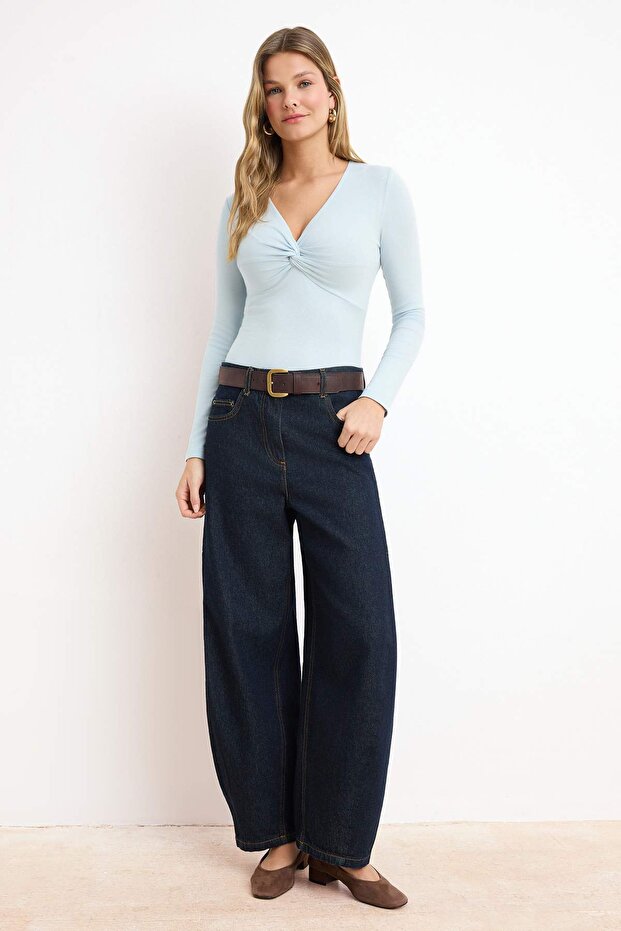 Açık/Bebe Mavi Regular/Normal Kalıp V Yaka Kısa Kollu Yumuşak Örme Bluz TWOSS26BZ00641 - 2