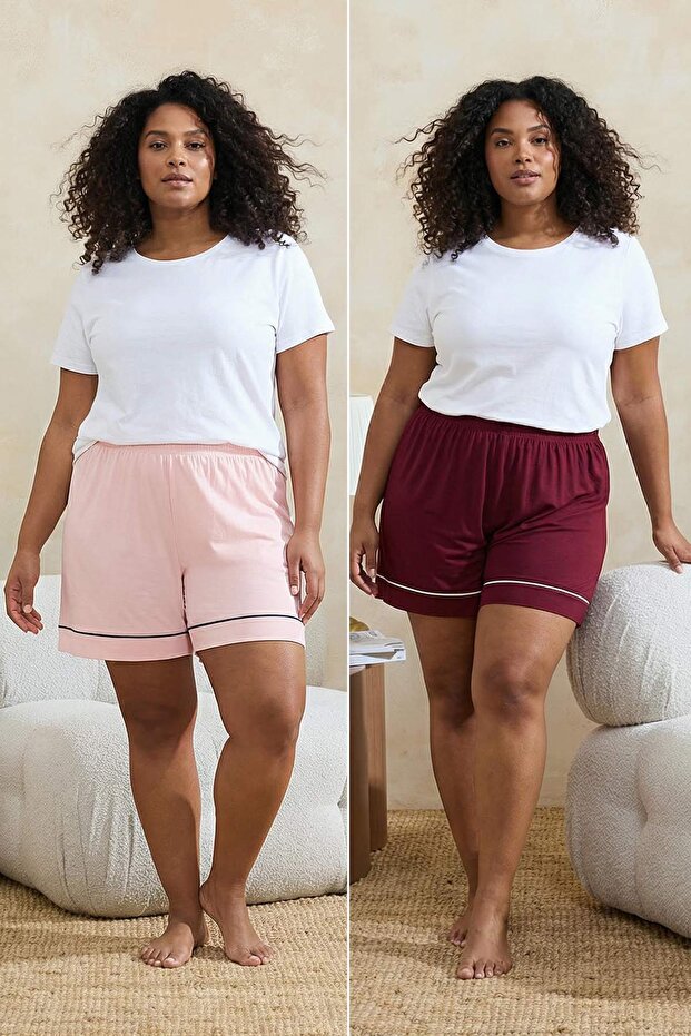 Bordo-Pembe Biyeli Viskon Yumuşak Tuşeli 2li Paket Büyük Beden Pijama Altı TBBSS26IA00006 - 1