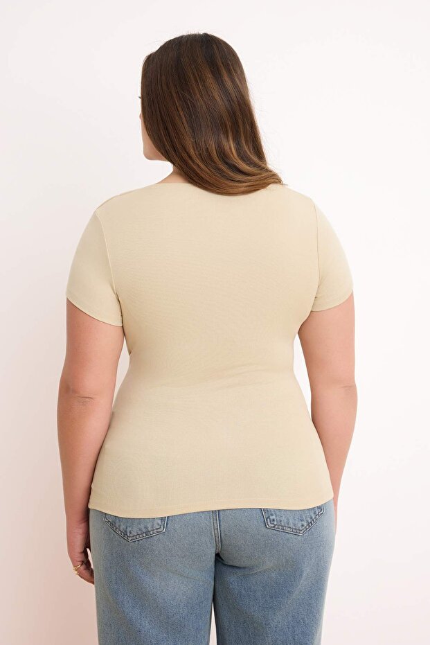 Taş Büzgü/Drape Detaylı Fitted/Vücuda Oturan Örme Büyük Beden Bluz TBBSS26AF00075 - 4