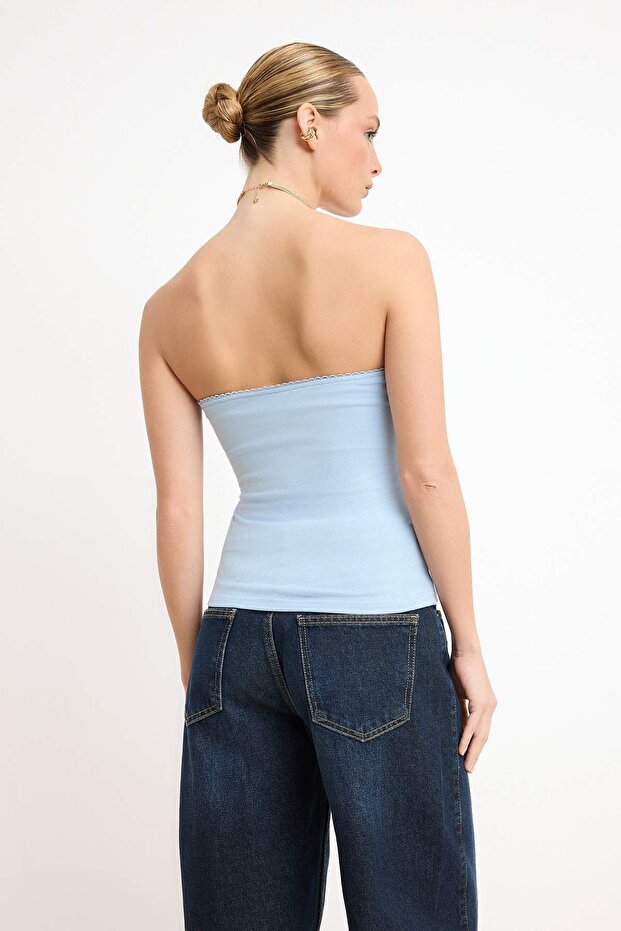Mavi Fitted/Vücuda Oturan Straplez Kolsuz Büzgülü Yumuşak Örme Bluz TWOSS26BZ00644 - 4