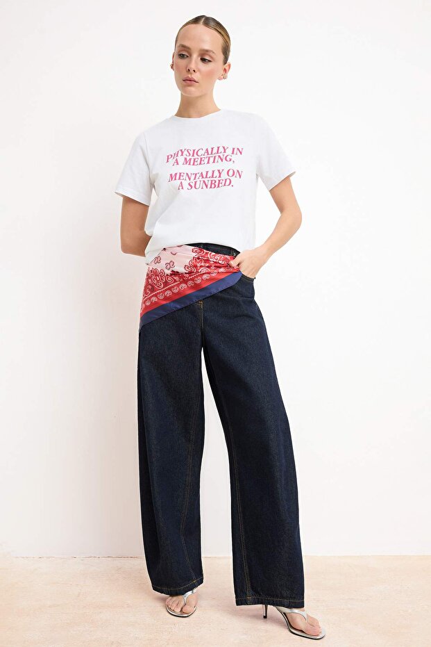 Trendyolmilla  Ekru Slogan Regular/Normal Kalıp Kısa Kollu Tok %100 Pamuk Örme T-Shirt TWOSS26TS00120 - Görsel 3