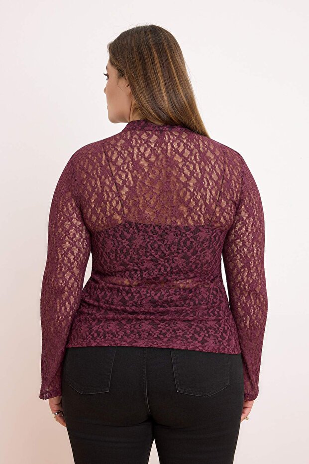 Mürdüm Düğme Detaylı Crop Örme Büyük Beden Bluz TBBSS26AF00023 - 4
