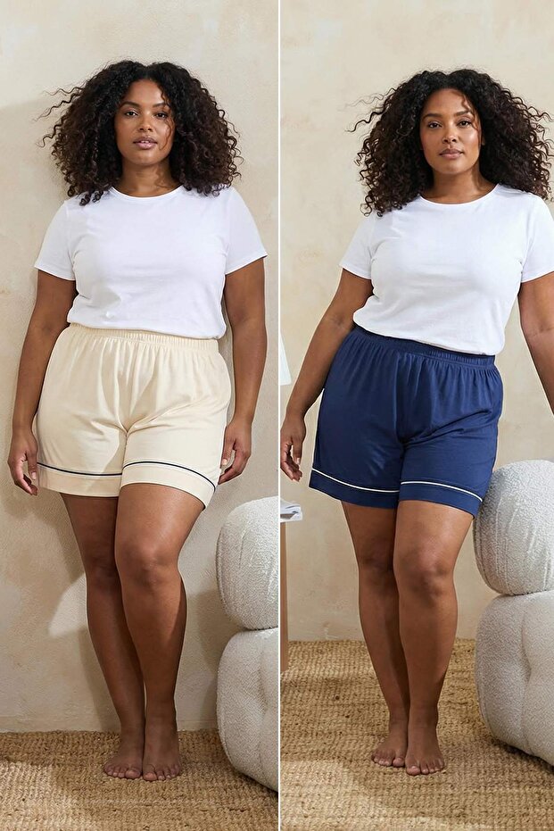 Lacivert-Ekru Biyeli Viskon Yumuşak Tuşeli 2li Paket Büyük Beden Pijama Altı TBBSS26IA00006 - 1