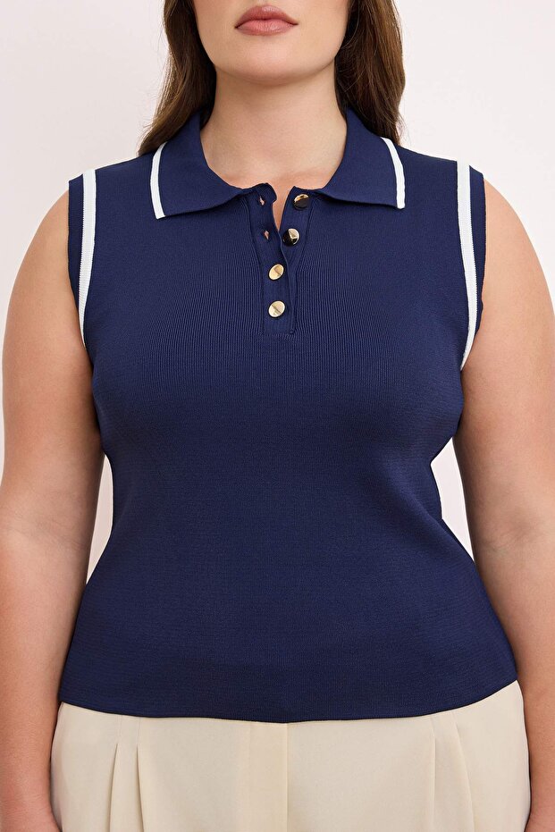 Lacivert Polo Yaka Çizgi Detaylı İnce Yazlık Triko Bluz TBBSS26AF00034 - 3