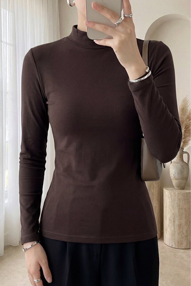 High Collar Long Sleeve Undershirt Blouse - Brown