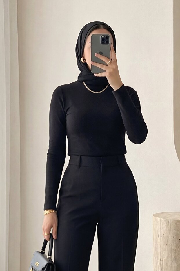 High Collar Long Sleeve Undershirt Blouse - Black