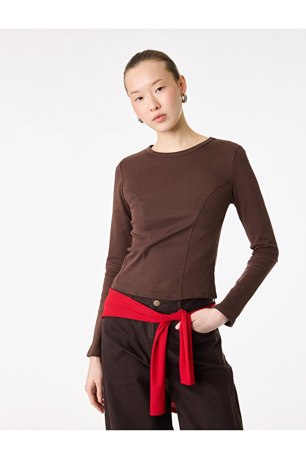 Cotton Slim Fit Long Sleeve T-Shirt with Stitching Detail and Crew Neck