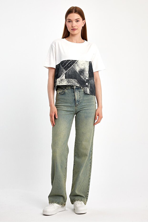 Denim Parçalı Tişört - 1