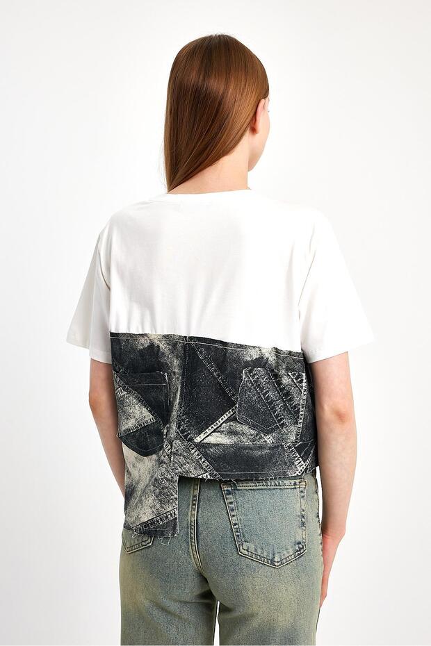 Denim Parçalı Tişört - 9