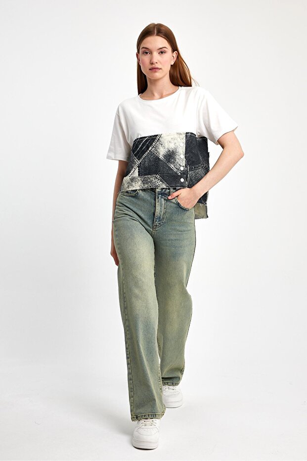 Denim Parçalı Tişört - 3