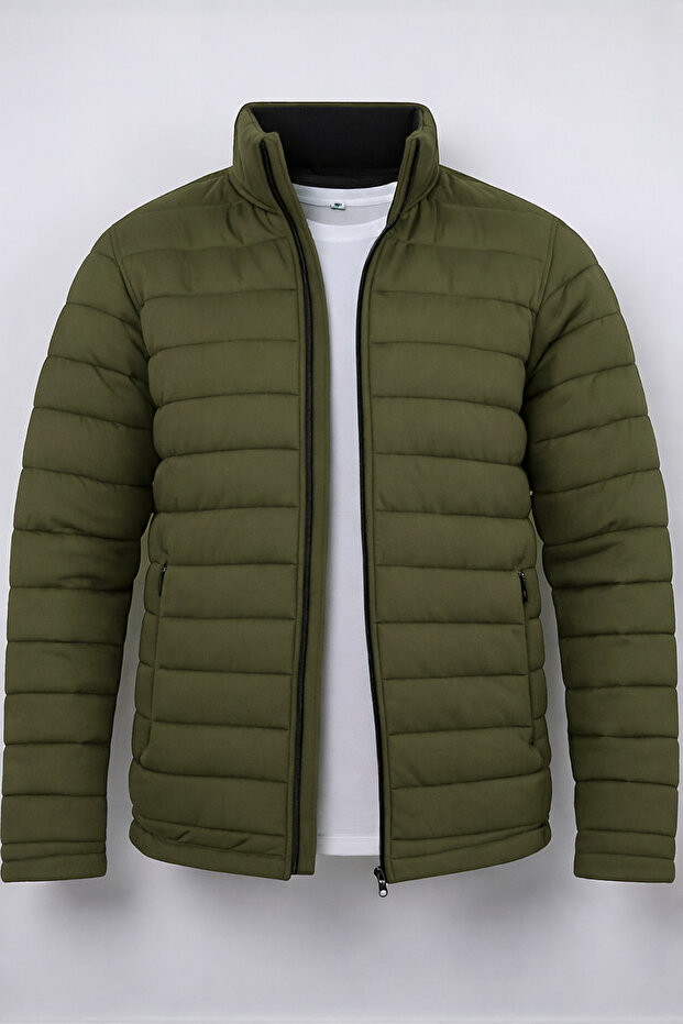 Men's Khaki Quilted Lined Double Pocket Puffer Jacket
