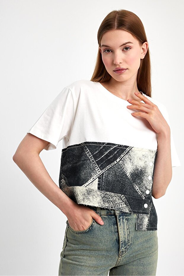 Denim Parçalı Tişört - 4