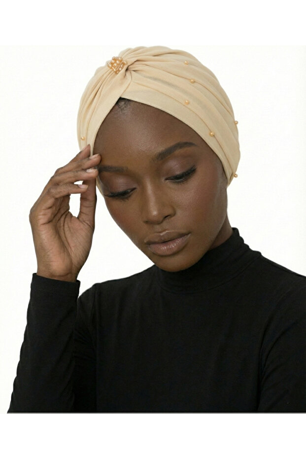 Crystal Tulle Lined Beige Ready-Made Turban Hijab Evening Dress Bonnet Fdn2016-212