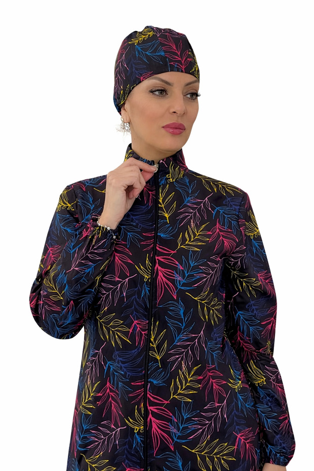 Zippered Digital Printed Tie-Waist Hijab Swimsuit with Bonnet Gift - Colorful