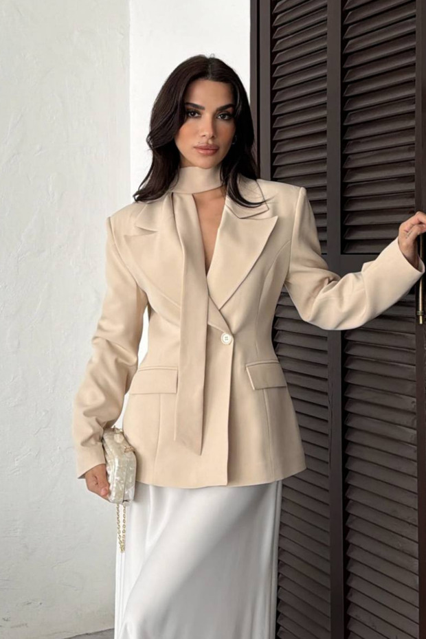 Women's Blazer Jacket Scarf-Detail Pocket-Look Fitted Single-Button Jacket
