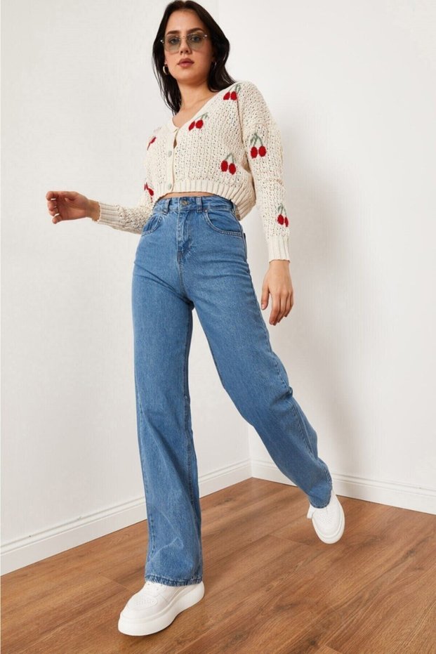 Lycra Plain Blue Super High Waist Loose Jeans Palazzo Trousers. (SUPER HIGH) Wide Leg
