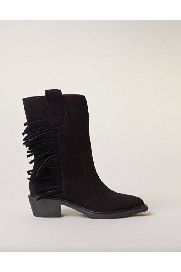Fringe Cowboy Blunt Toe Black Suede Boots