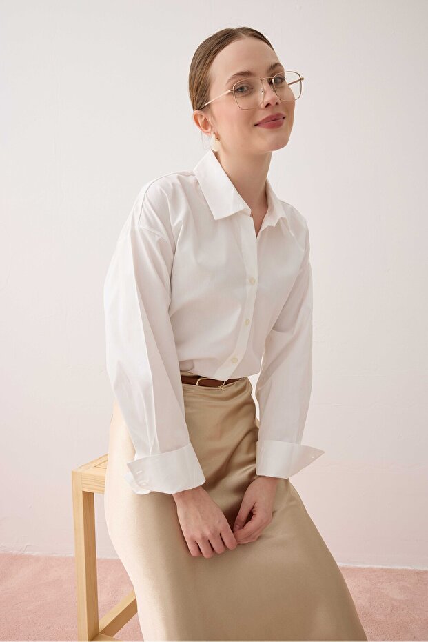 Off-Shoulder Basic Shirt - White - - 1