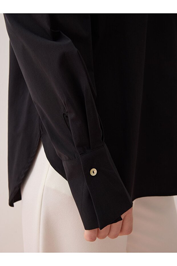 Geniş Manşetli Basic Poplin Gömlek - Siyah - Benin - 5