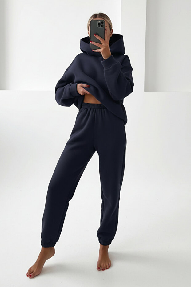 Women's 3 Thread Relaxed Fit Hooded Sweatpants Set with Elastic Legs - Casual