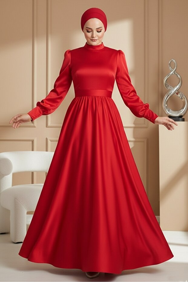 Belted Satin Evening Dress 1136 - Red