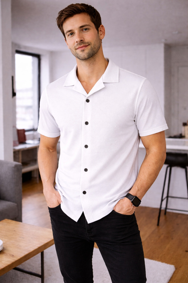 Men's Short Sleeve Polo Neck Buttoned Shirt Slim Fit Casual Knitwear Top